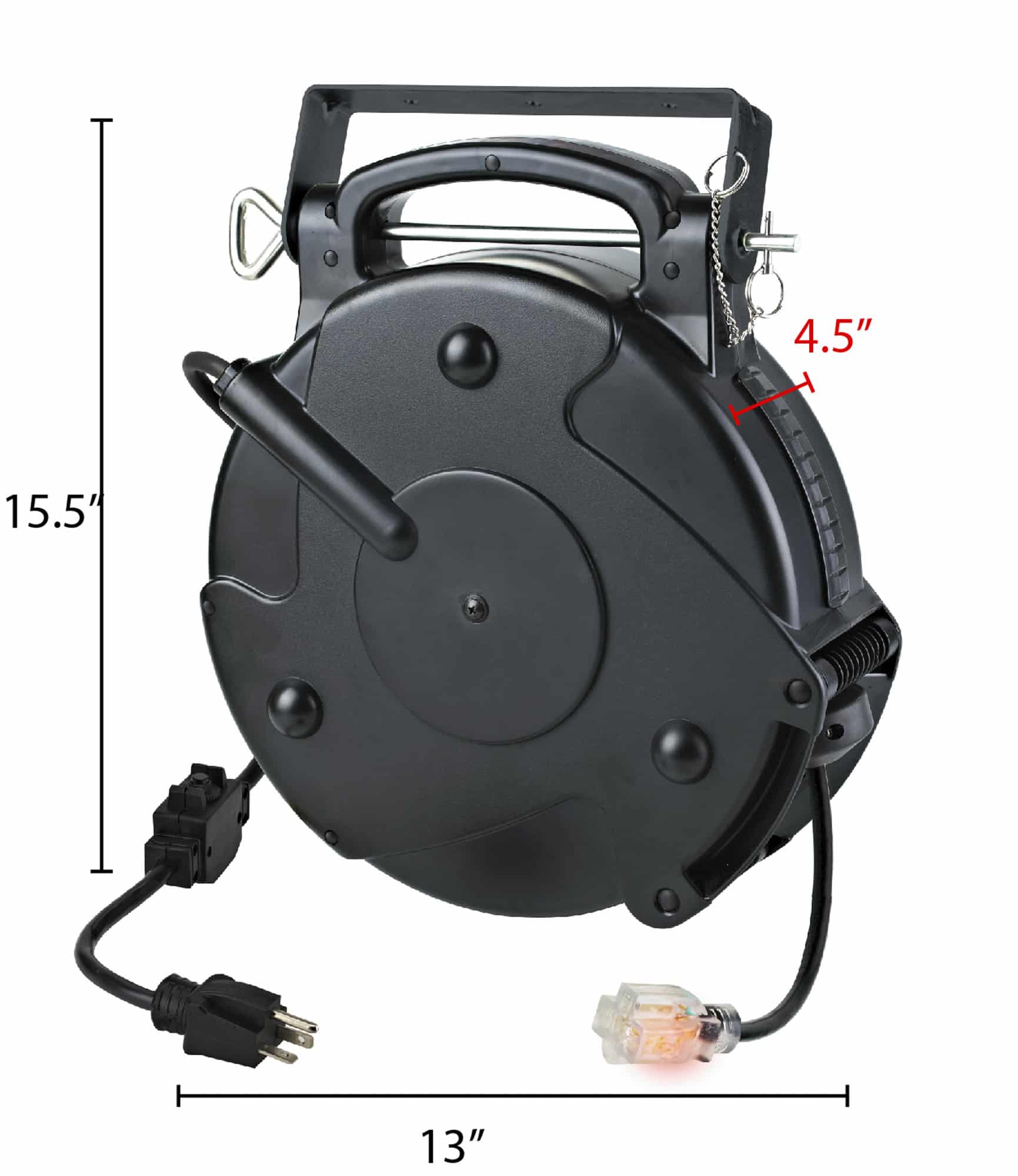 Alert Stamping 8645TFI ProReel Retractable Cord Reel with 13x4.5x15.5 inch dimensions labeled