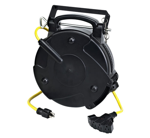 Alert Stamping 8665TFQ 65' Retractable Cord Reel angled view with yellow 12/3 SJTOW cord, quad outlet tap, carry handle, and mounting bracket