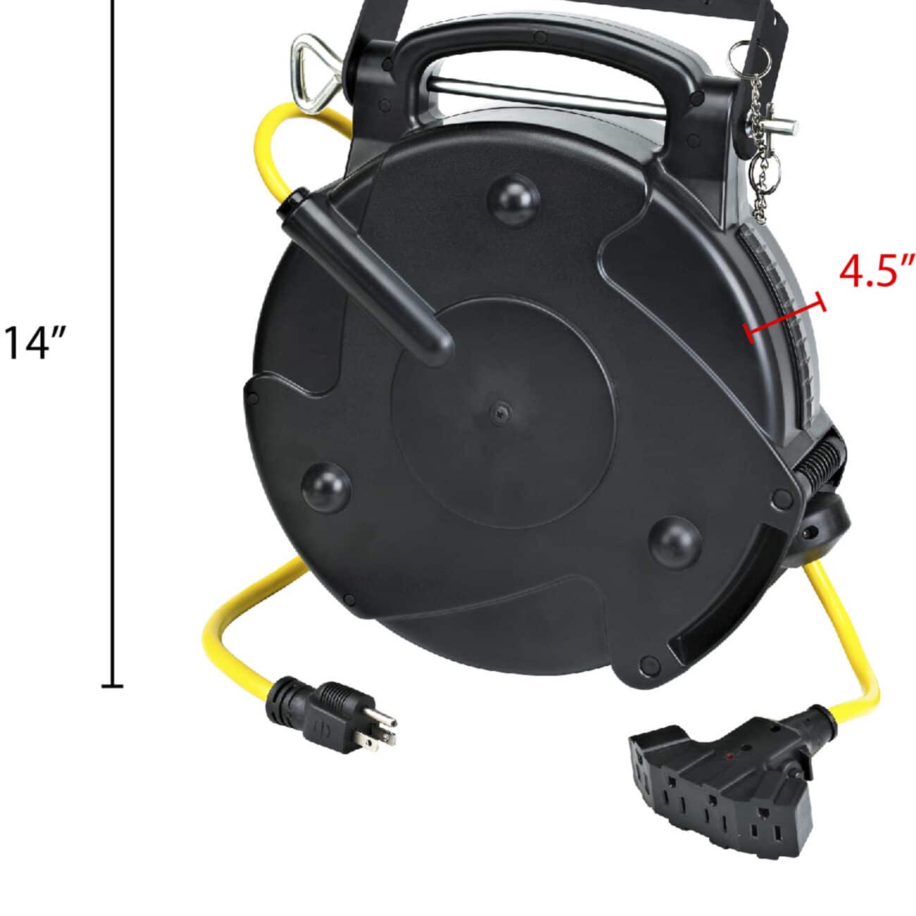 Alert Stamping 8665TFQ Retractable Cord Reel dimensions diagram showing 14 inch height and 4.5 inch depth
