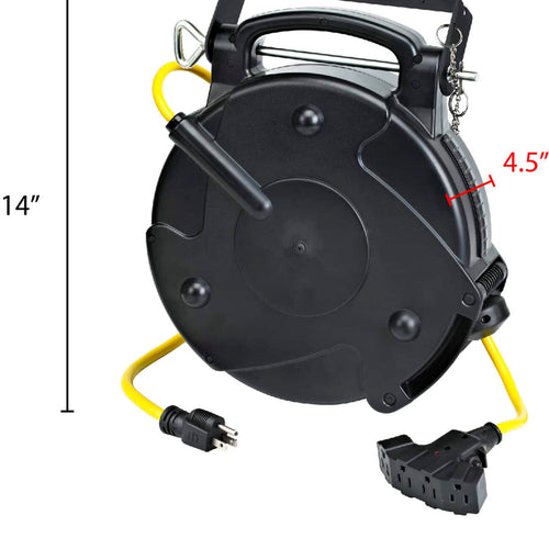 Alert Stamping 8665TFQ Retractable Cord Reel dimensions diagram showing 14 inch height and 4.5 inch depth