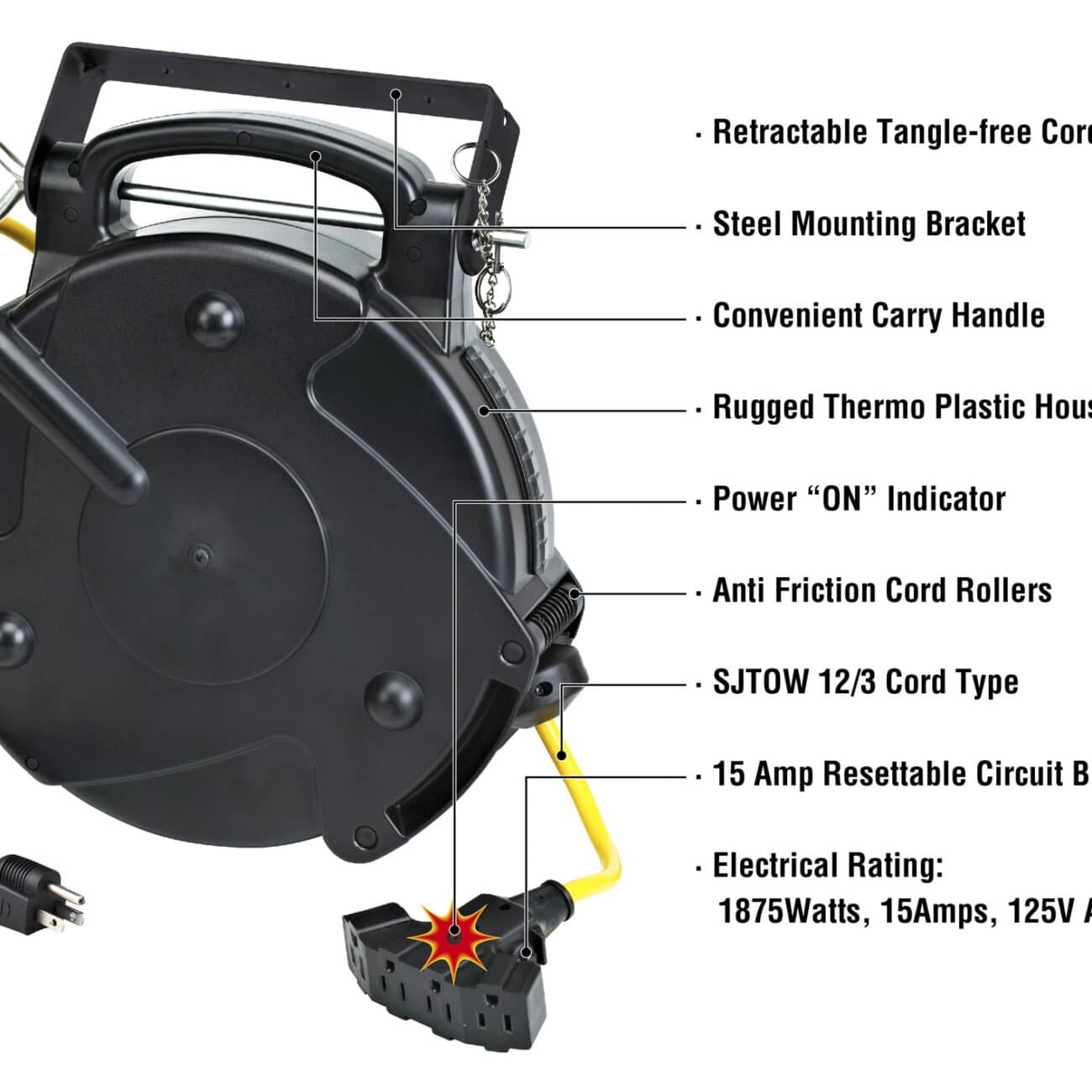 Alert Stamping 8665TFQ 65' 12/3 Retractable Cord Reel, Quad Outlets