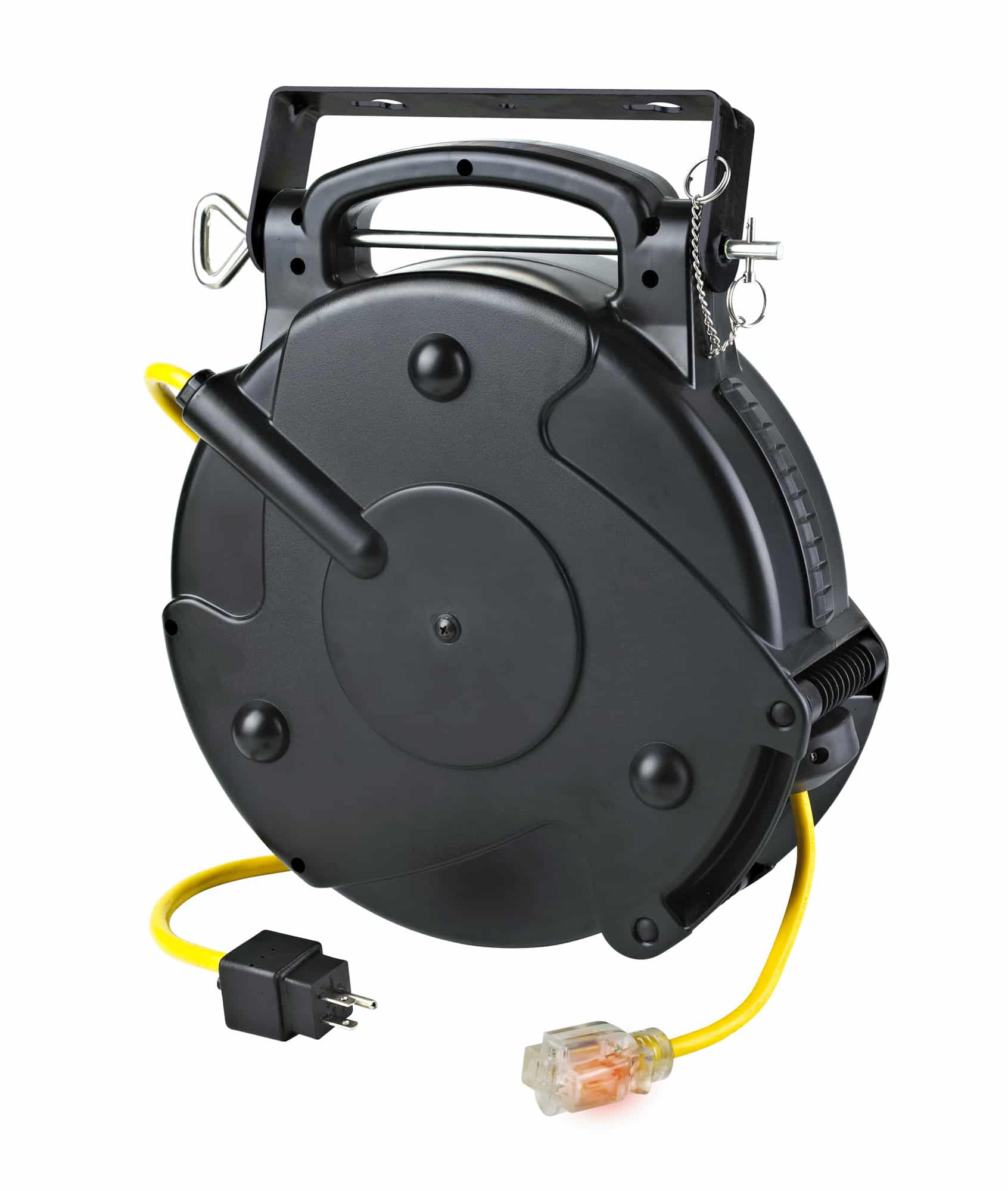Alert Stamping 8665TFS Retractable Extension Cord Reel, front angle view with yellow 12/3 SJTOW cord and illuminated NEMA 5-20R outlet