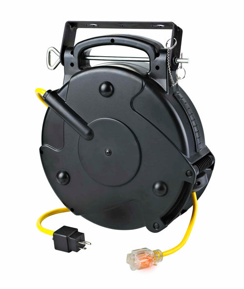Alert Stamping 8665TFS Retractable Extension Cord Reel, front angle view with yellow 12/3 SJTOW cord and illuminated NEMA 5-20R outlet