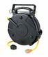 Alert Stamping 8665TFS Retractable Extension Cord Reel, front angle view with yellow 12/3 SJTOW cord and illuminated NEMA 5-20R outlet