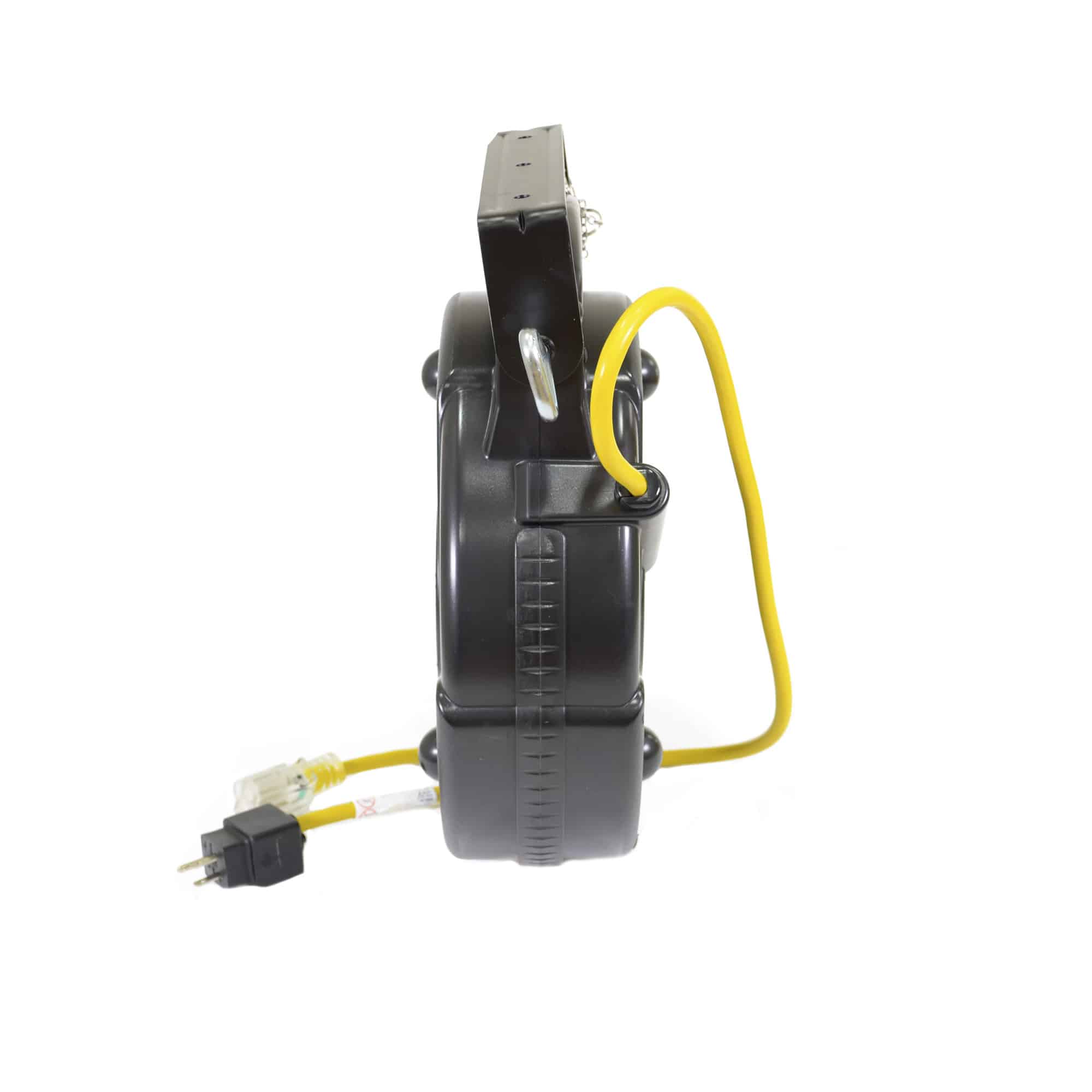 Alert Stamping 8665TFS Retractable Extension Cord Reel, side profile showing cord guide rollers and yellow SJTOW cord