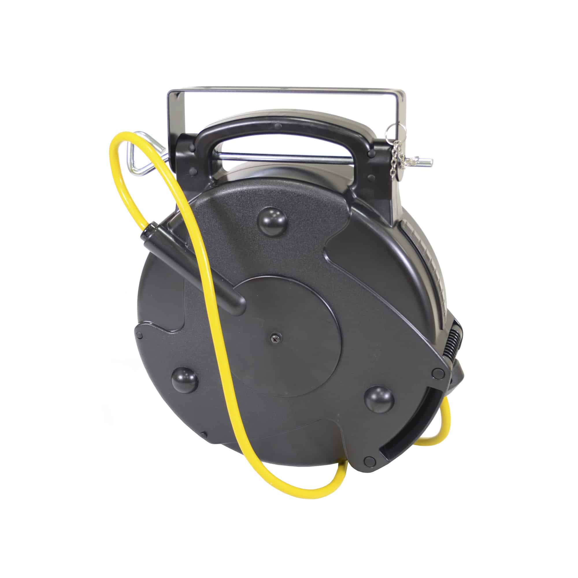 Alert Stamping 8665TFS Retractable Extension Cord Reel, rear angle view showing mounting hardware and yellow cord routing