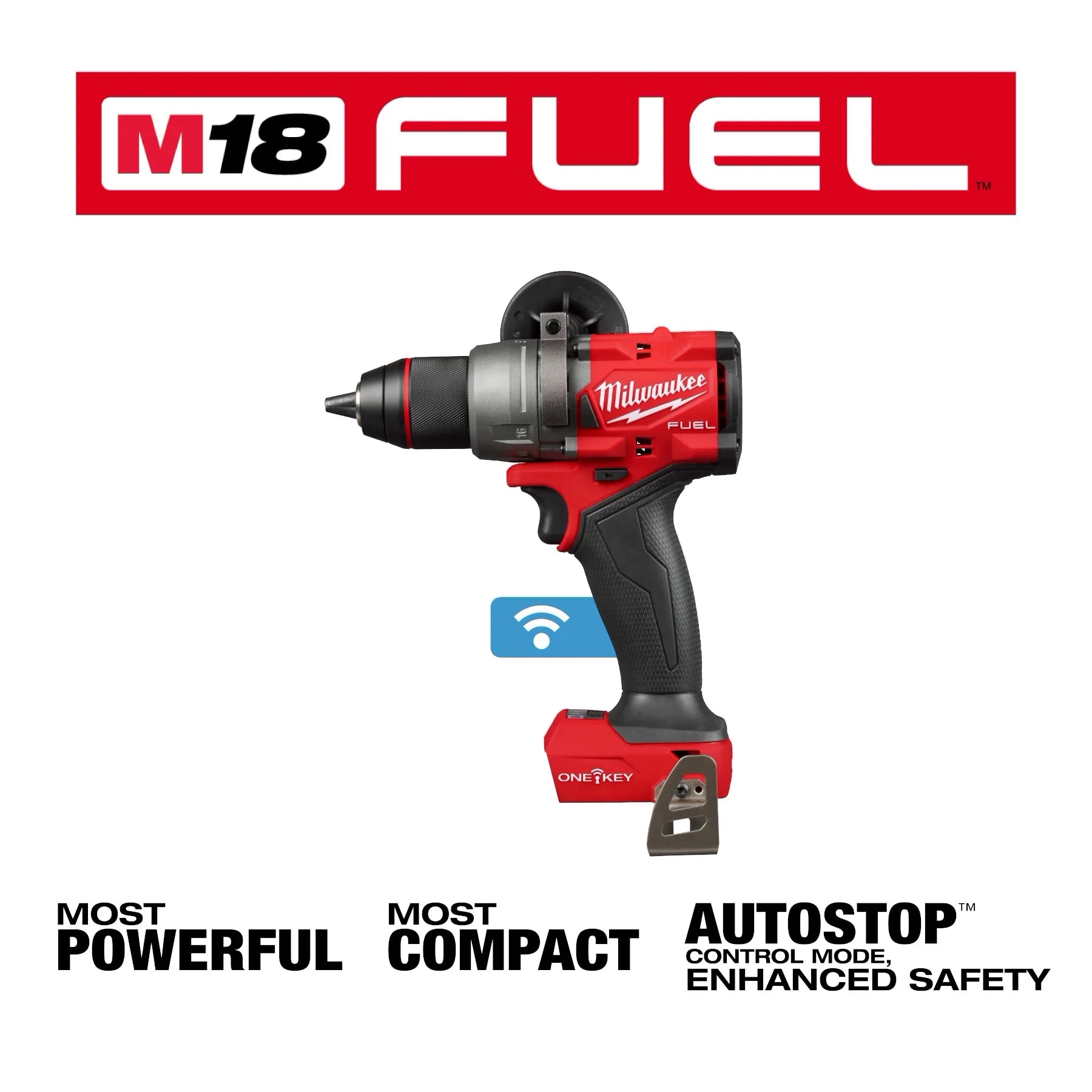 Milwaukee Tool 2905-20 M18 FUEL 1/2 in Drill/Driver with ONE-KEY - front product view with M18 FUEL branding