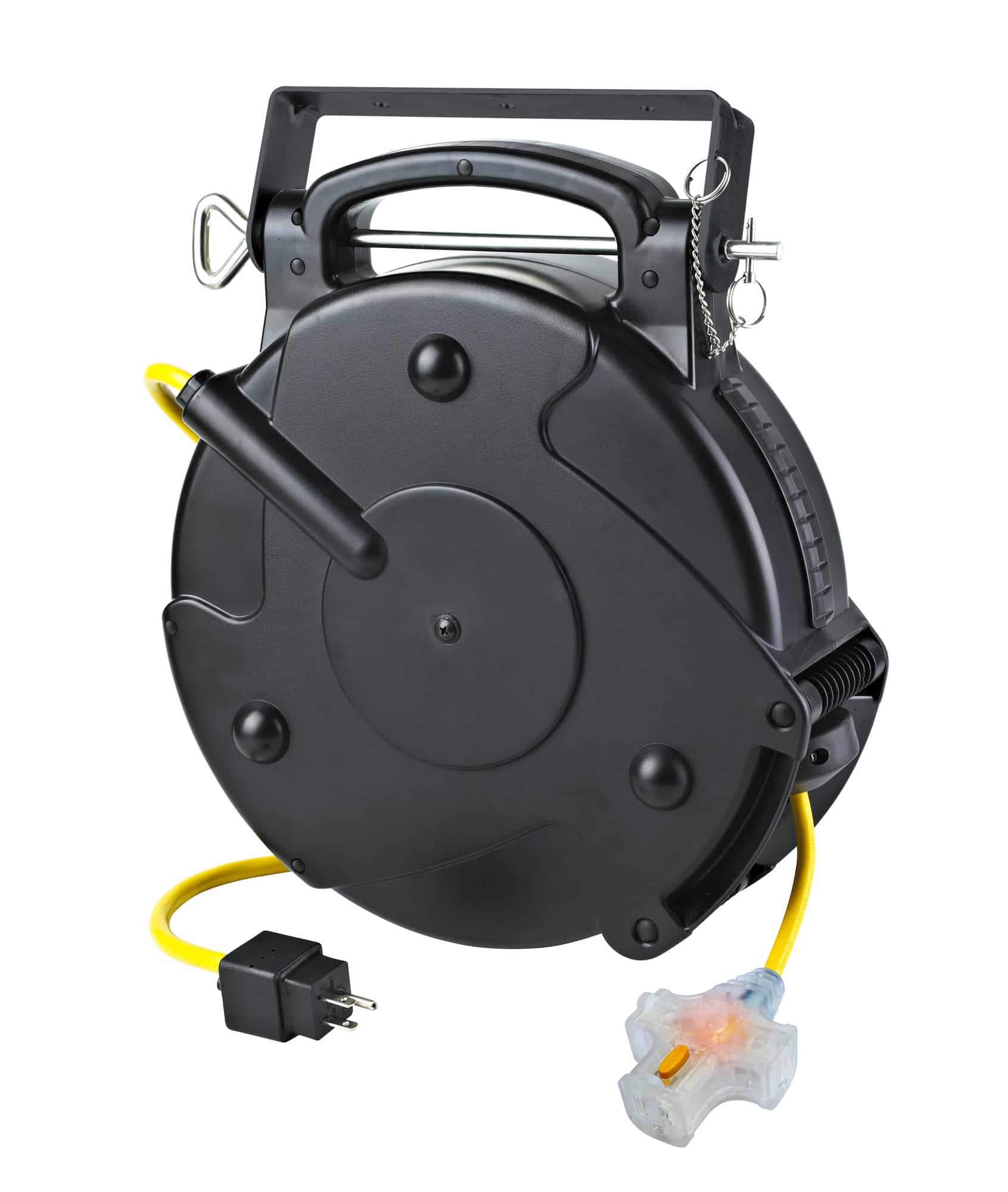 Alert Stamping ALT-8675MFT 75' Tri Tap Retractable Cord Reel - front angle view with yellow SJTOW cord and tri-tap outlet