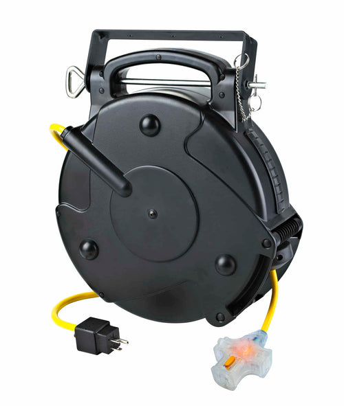 Alert Stamping ALT-8675MFT 75' Tri Tap Retractable Cord Reel - front angle view with yellow SJTOW cord and tri-tap outlet