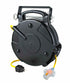 Alert Stamping ALT-8675MFT 75' Tri Tap Retractable Cord Reel - front angle view with yellow SJTOW cord and tri-tap outlet