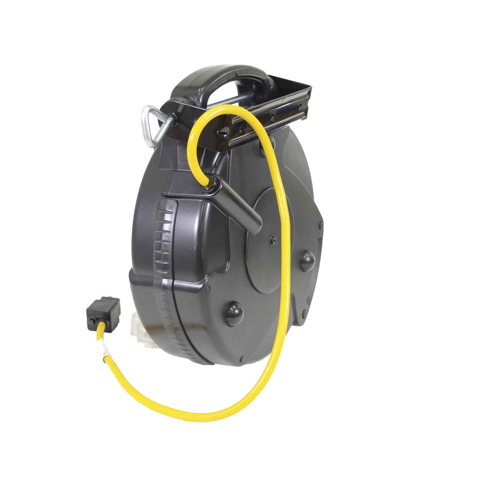Alert Stamping ALT-8675MFT Retractable Cord Reel - side angle view showing yellow 14/3 SJTOW cord and mounting bracket