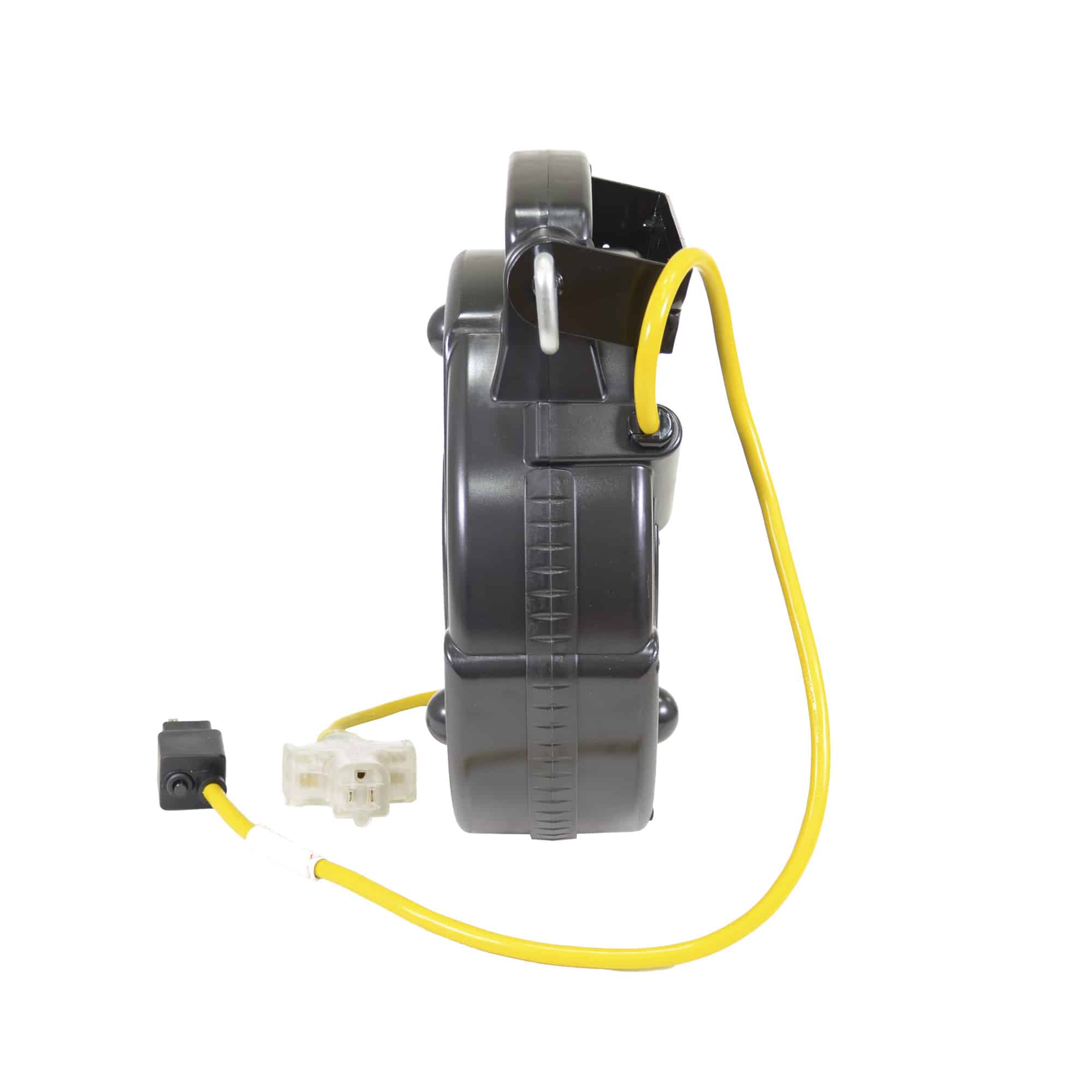 Alert Stamping ALT-8675MFT Retractable Cord Reel - side profile view showing guide rollers and circuit breaker