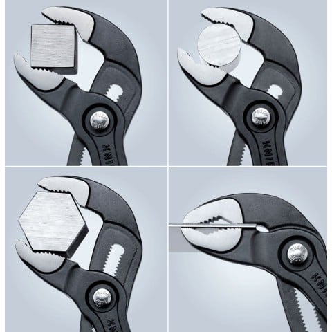 Knipex Cobra pliers demonstrating grip on square, round, hex, and small-diameter workpieces