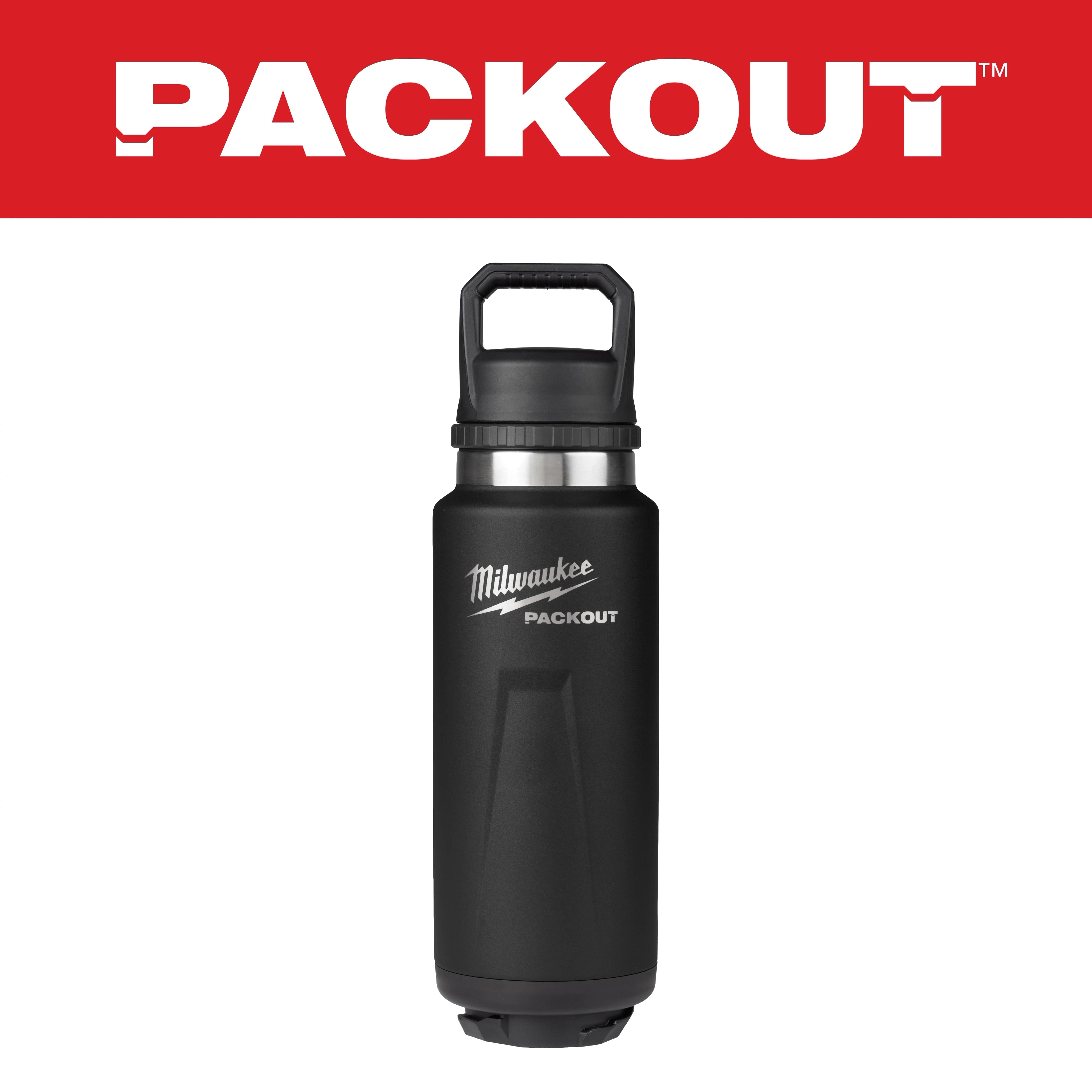 Milwaukee Tool 48-22-8397B PACKOUT 36oz Black Insulated Bottle with Chug Lid on white background