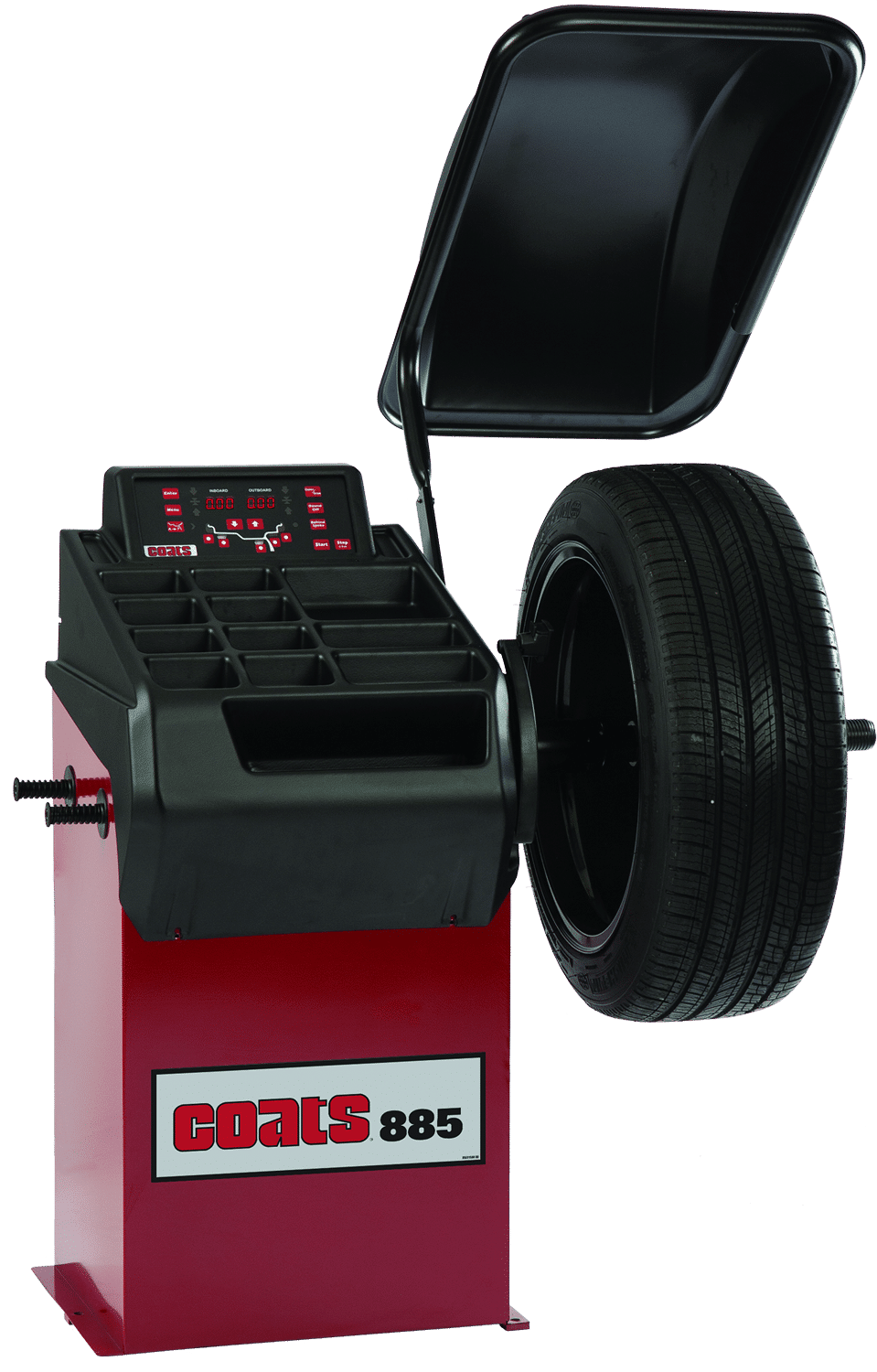 Coats 885 Wheel Balancer full view with hood open and tire mounted