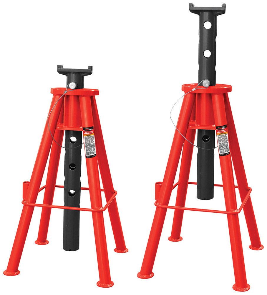 TOBEQ TBQ-JS10000 10-Ton Pin-Style Jack Stands Pair shown at low and high lift positions in red and black