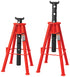 TOBEQ TBQ-JS10000 10-Ton Pin-Style Jack Stands Pair shown at low and high lift positions in red and black