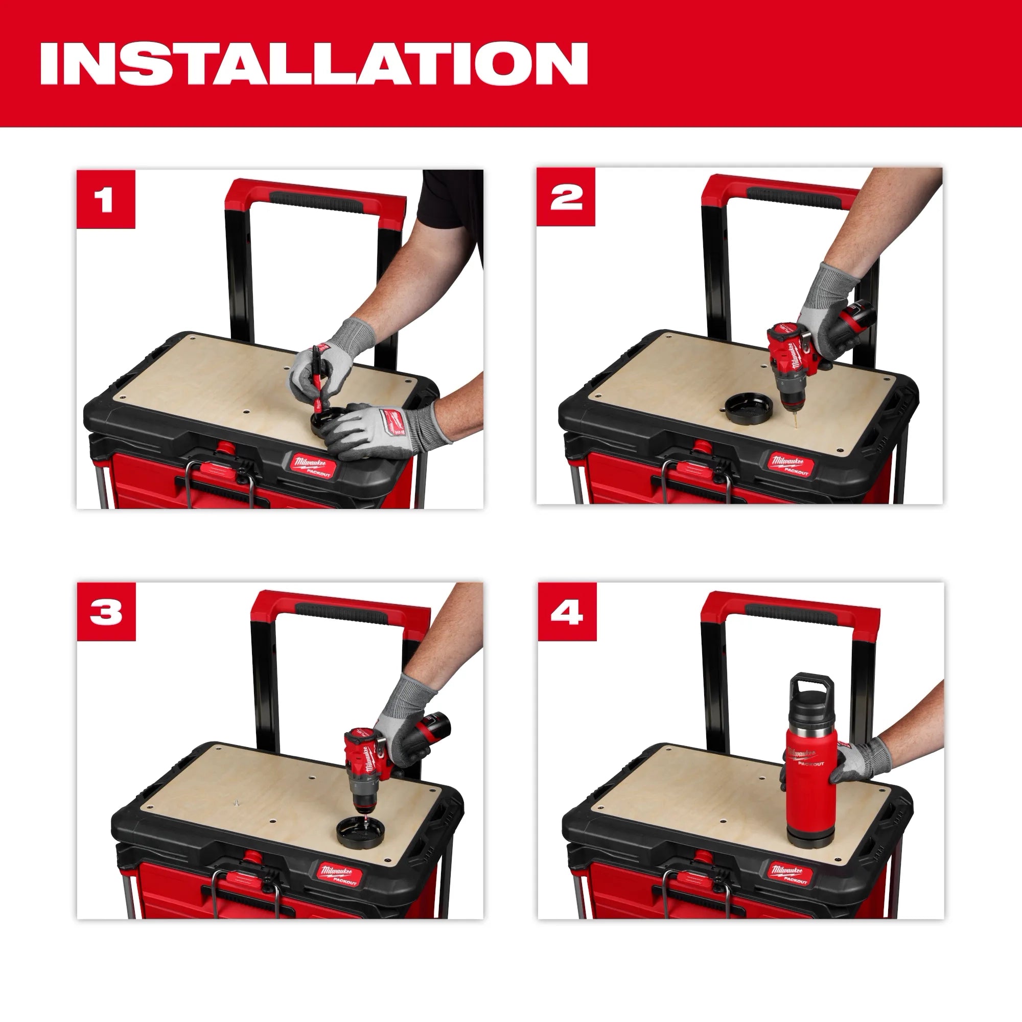 Milwaukee PACKOUT Twist to Lock Mount 4-step installation guide showing marking, drilling, securing, and locking a PACKOUT bottle onto a workbench surface