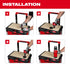 Milwaukee PACKOUT Twist to Lock Mount 4-step installation guide showing marking, drilling, securing, and locking a PACKOUT bottle onto a workbench surface