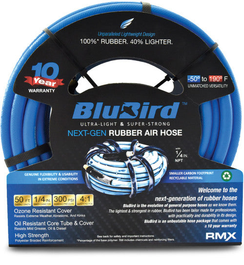 Blubird BB1450 BluBird Rubber Air Hose Assembly 1/4" x 50' - 1/4" Male-NPT, 300 PSI, EPDM - MPR Tools & Equipment