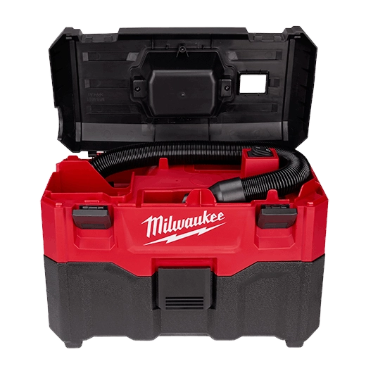 Milwaukee Tool 0880-20 M18 2-Gallon Wet/Dry Vacuum open lid showing internal hose storage