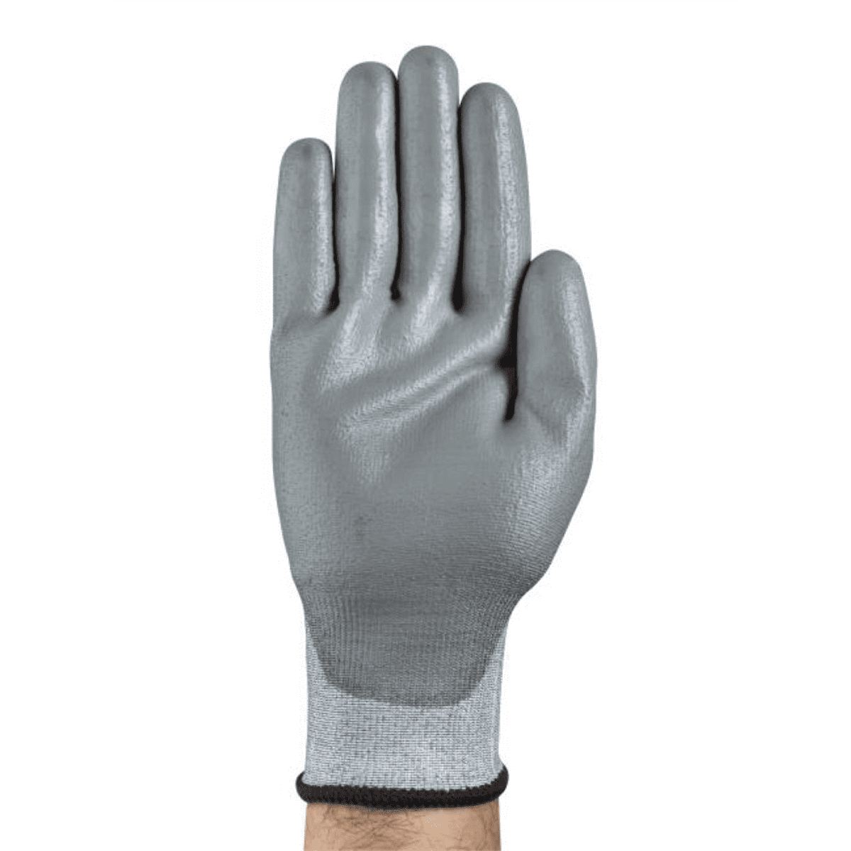 Ansell HyFlex 11-727 cut-resistant glove back-of-hand view showing full grey polyurethane palm coating