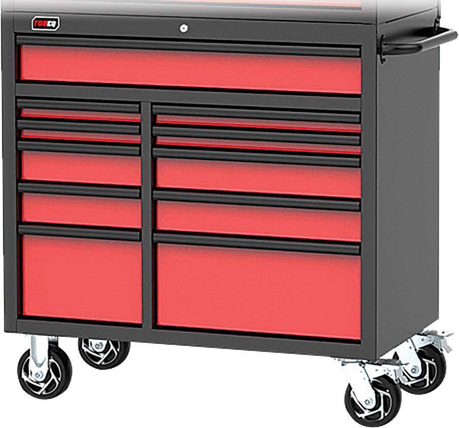 TOBEQ RCBT411121RDBK 41" HD Series 11-Drawer Roller Cabinet in Red/Black with 4 HD casters