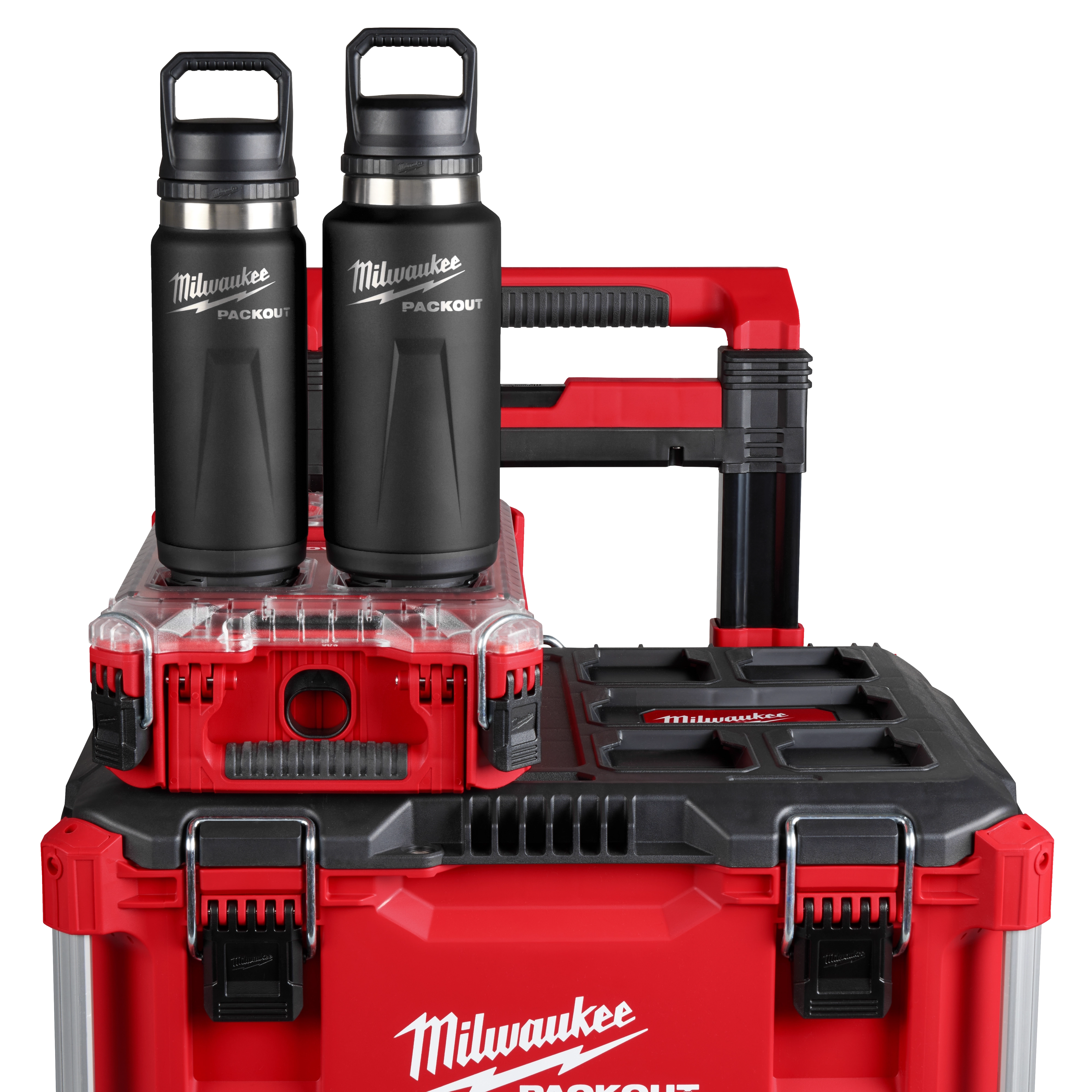 Milwaukee PACKOUT 24oz Insulated Bottles locked into PACKOUT modular storage system