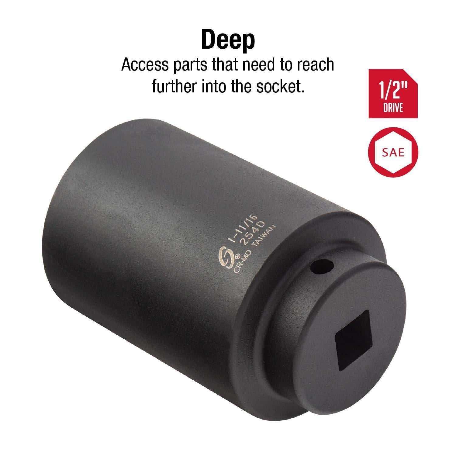 Sunex Tools 254D deep impact socket showing 1/2" drive end with SAE and deep-well callouts