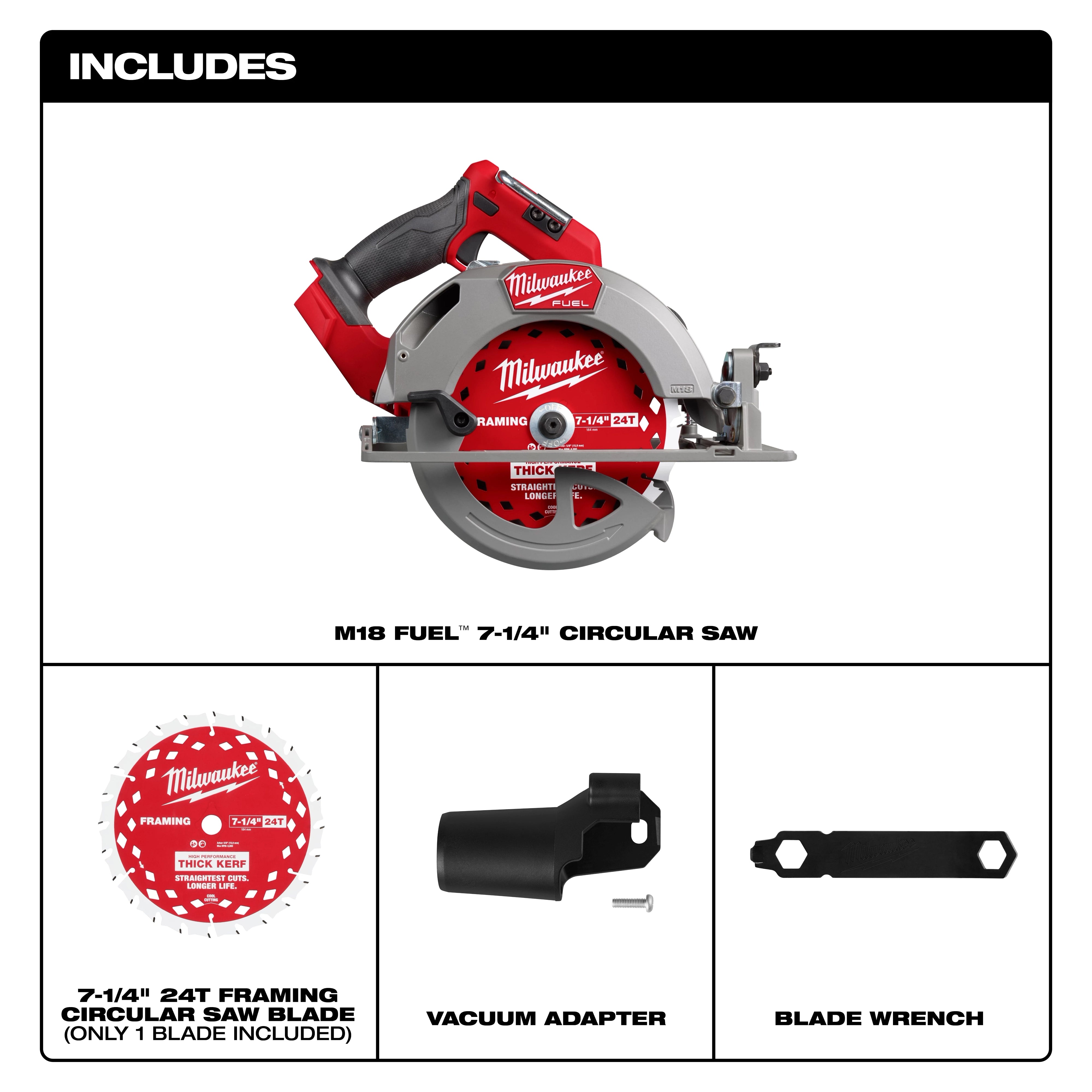 Milwaukee Tool 2834-20 M18 FUEL 7-1/4 in Circular Saw - Includes Saw, 7-1/4 in 24T Framing Blade, Vacuum Adapter, and Blade Wrench