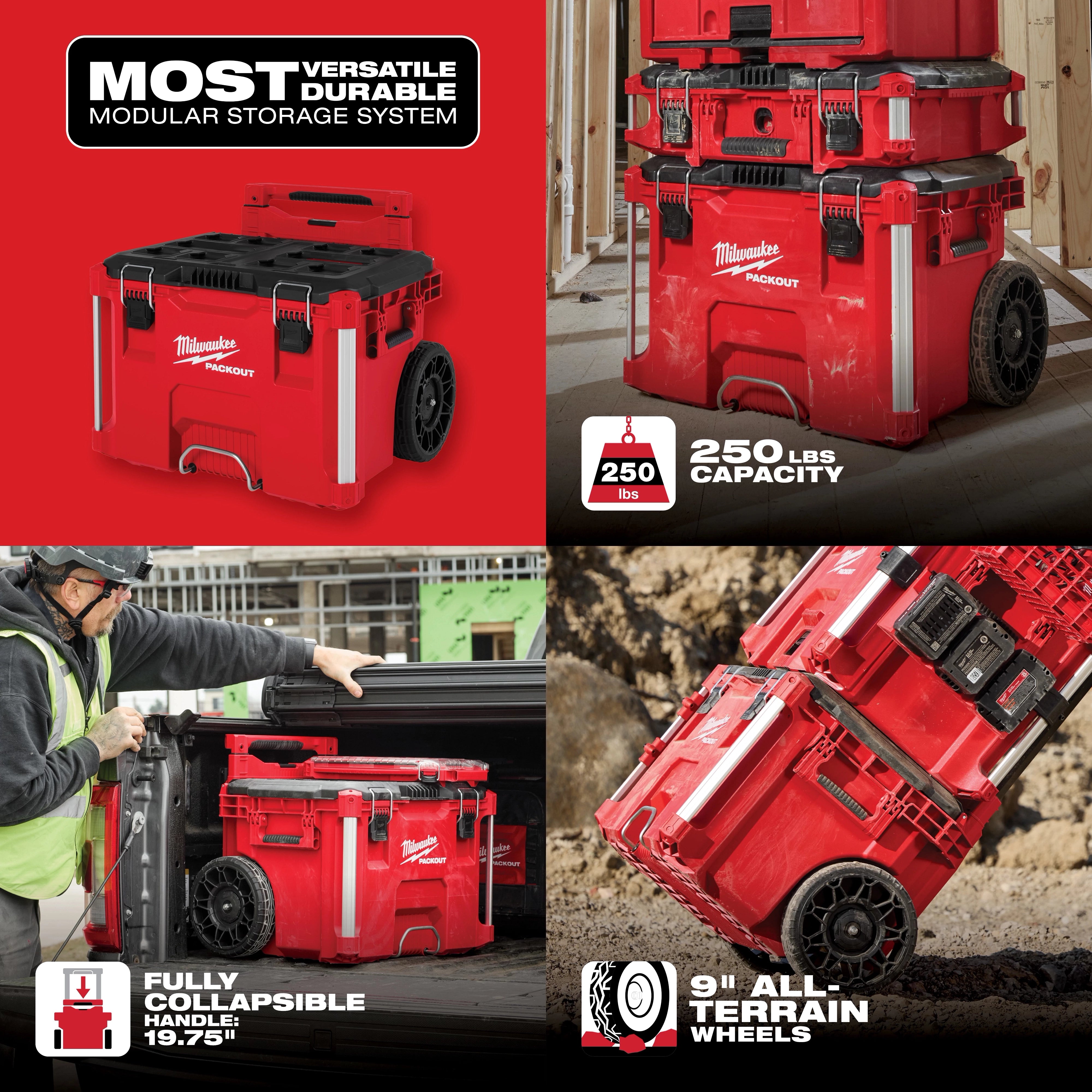 Milwaukee PACKOUT Rolling Tool Box - Most Versatile Durable Modular Storage System, 250 lbs capacity, fully collapsible 19.75" handle and 9" all-terrain wheels