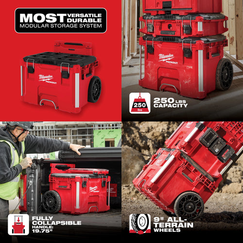 Milwaukee PACKOUT Rolling Tool Box - Most Versatile Durable Modular Storage System, 250 lbs capacity, fully collapsible 19.75" handle and 9" all-terrain wheels