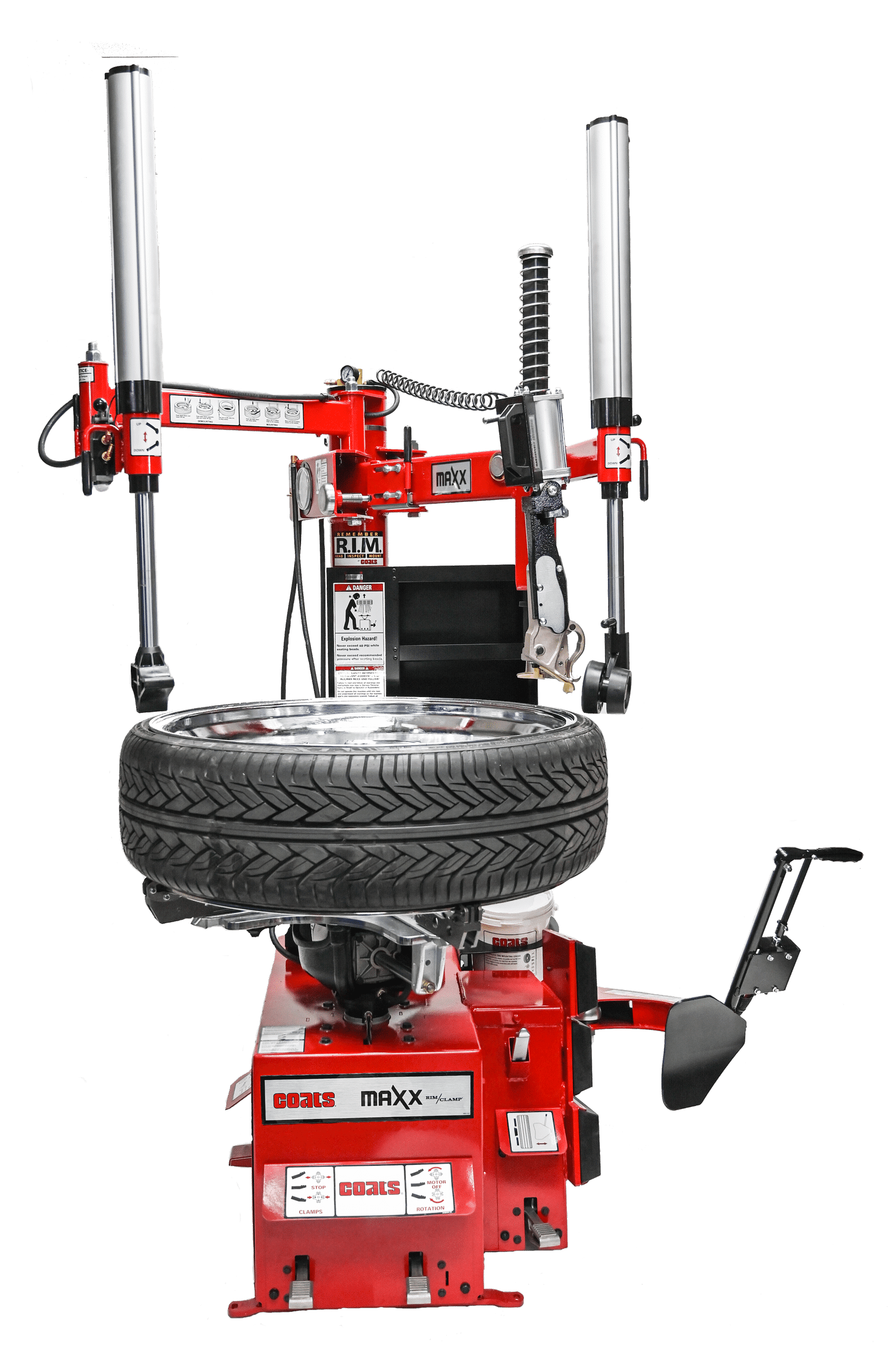 Coats Maxx 90 Leverless Rim Clamp Tire Changer 800MAXX90220 full product view with tire mounted