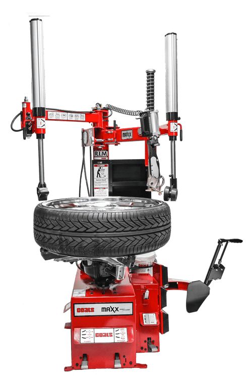 Coats Maxx 90 Leverless Rim Clamp Tire Changer 800MAXX90220 full product view with tire mounted