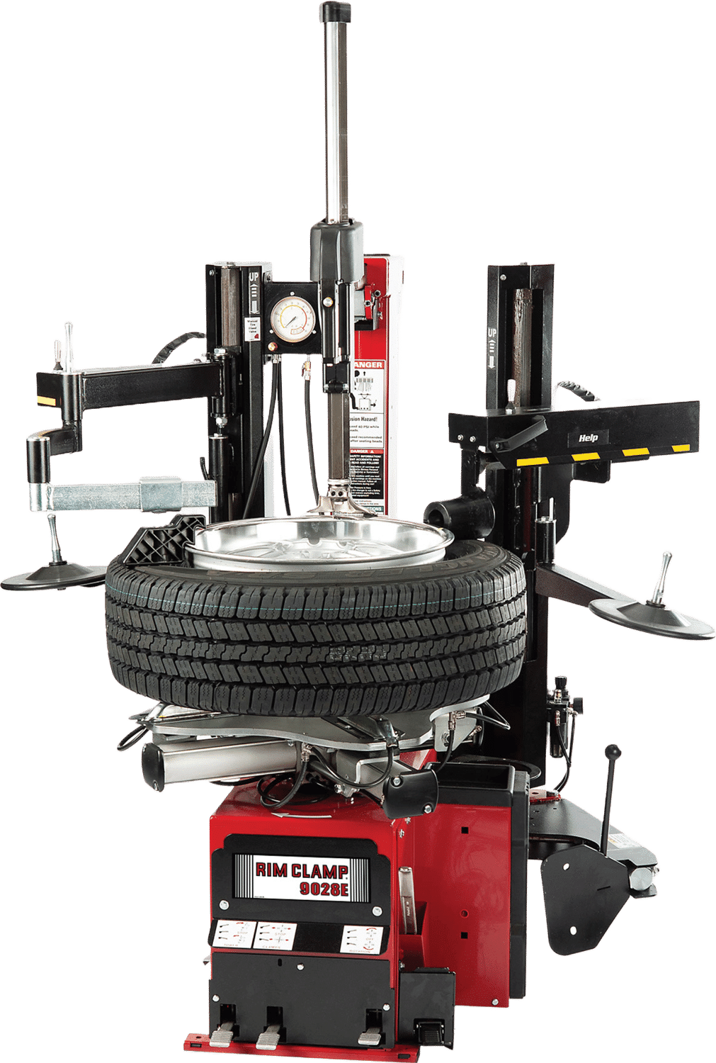 Coats 9028E Rim Clamp Tilt Back Tire Changer front view with tire mounted