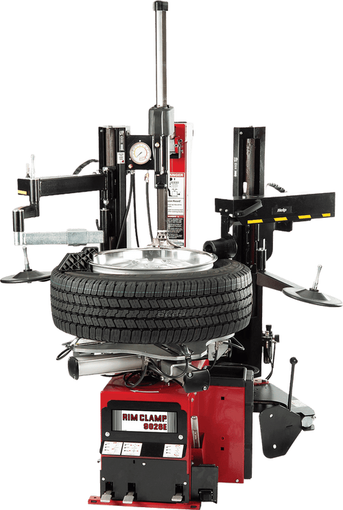 Coats 9028E Rim Clamp Tilt Back Tire Changer front view with tire mounted