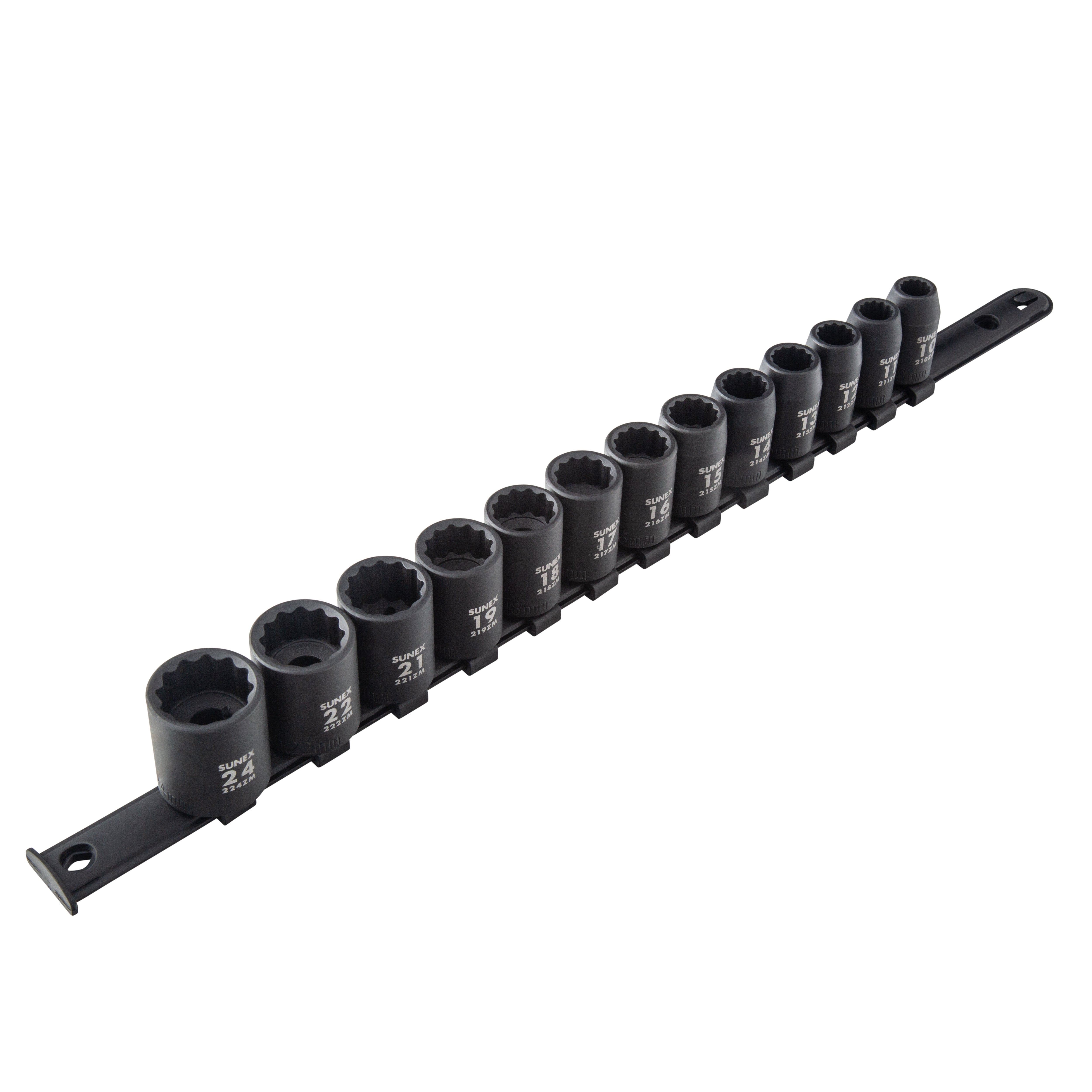 Sunex Tools 2679A 13-piece 1/2" drive metric 12-point impact socket set on rail, angled view 10-24mm