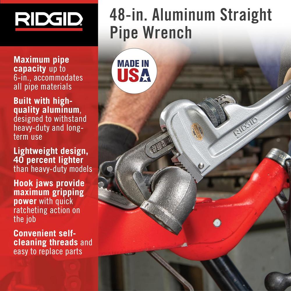 Ridgid 31115 Model 848 Aluminum Straight Pipe Wrench, 48" Plumbing Wrench