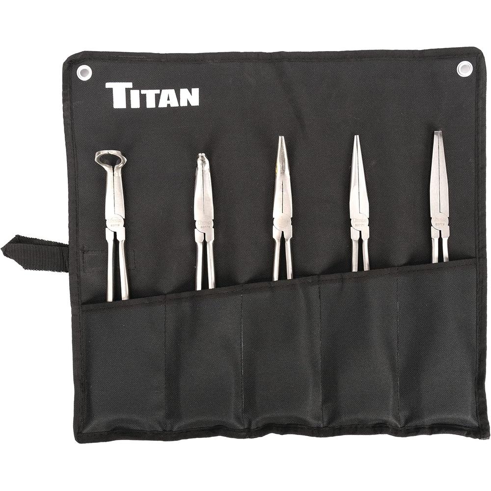 Titan Tools 60769 5-Pc 11" Long Nose Pliers Set - Straight, 45°, 90°, Flat & Large Hose Grip Pliers