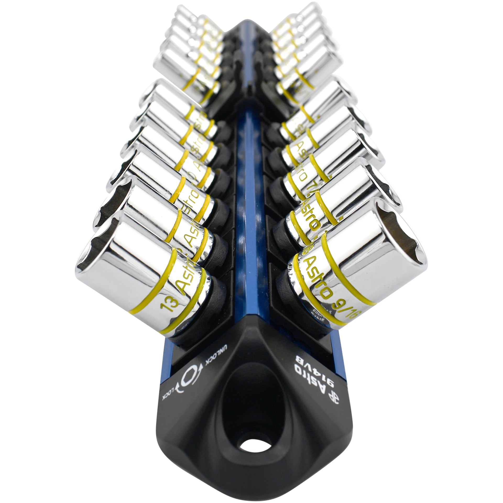 Astro Pneumatic AST-914VB V12 Socket Organizer Blue - end view with full socket load showing 45-degree angle storage