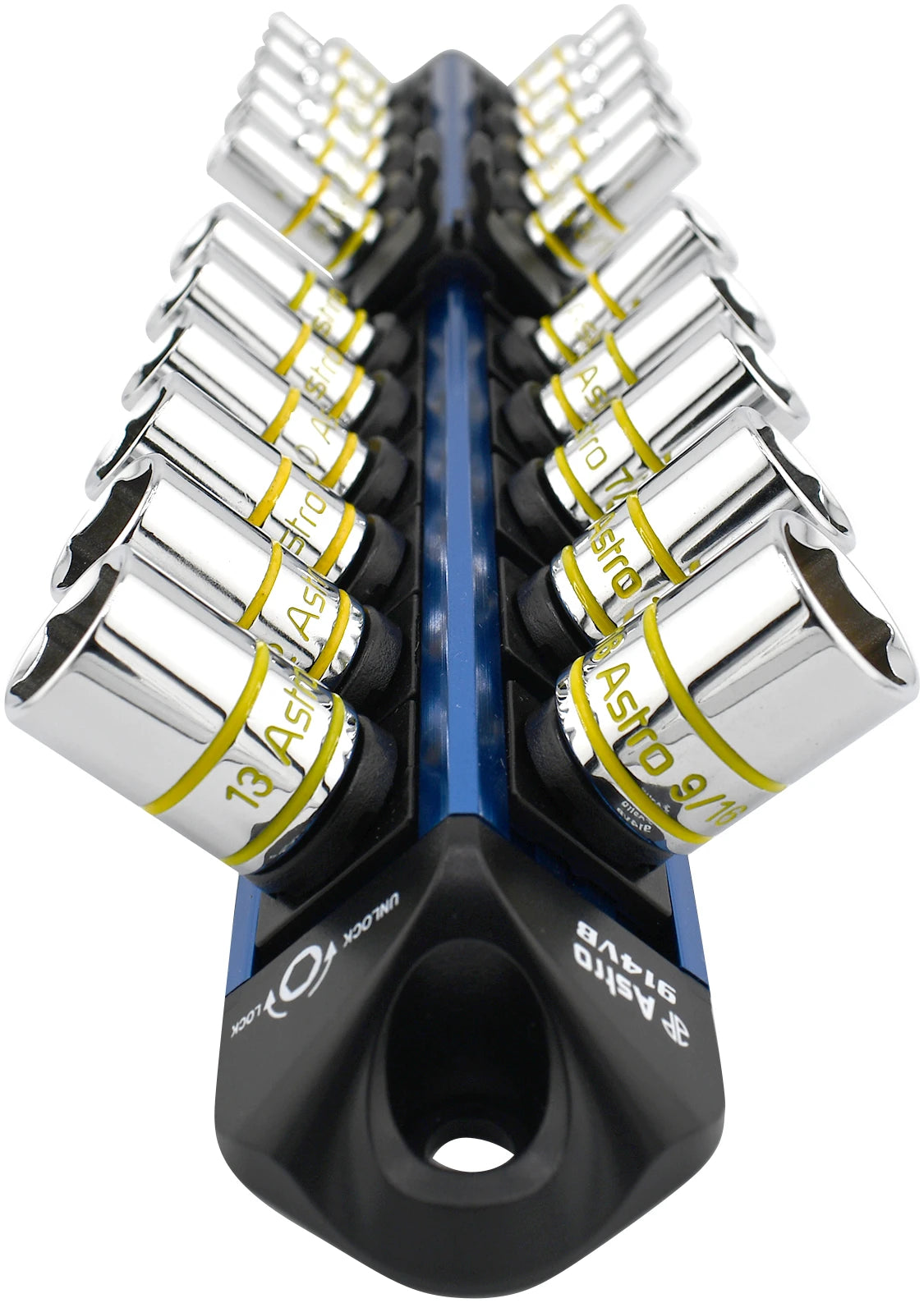 Astro Pneumatic AST-914VB V12 Socket Organizer Blue - end view with sockets loaded at 45-degree angle