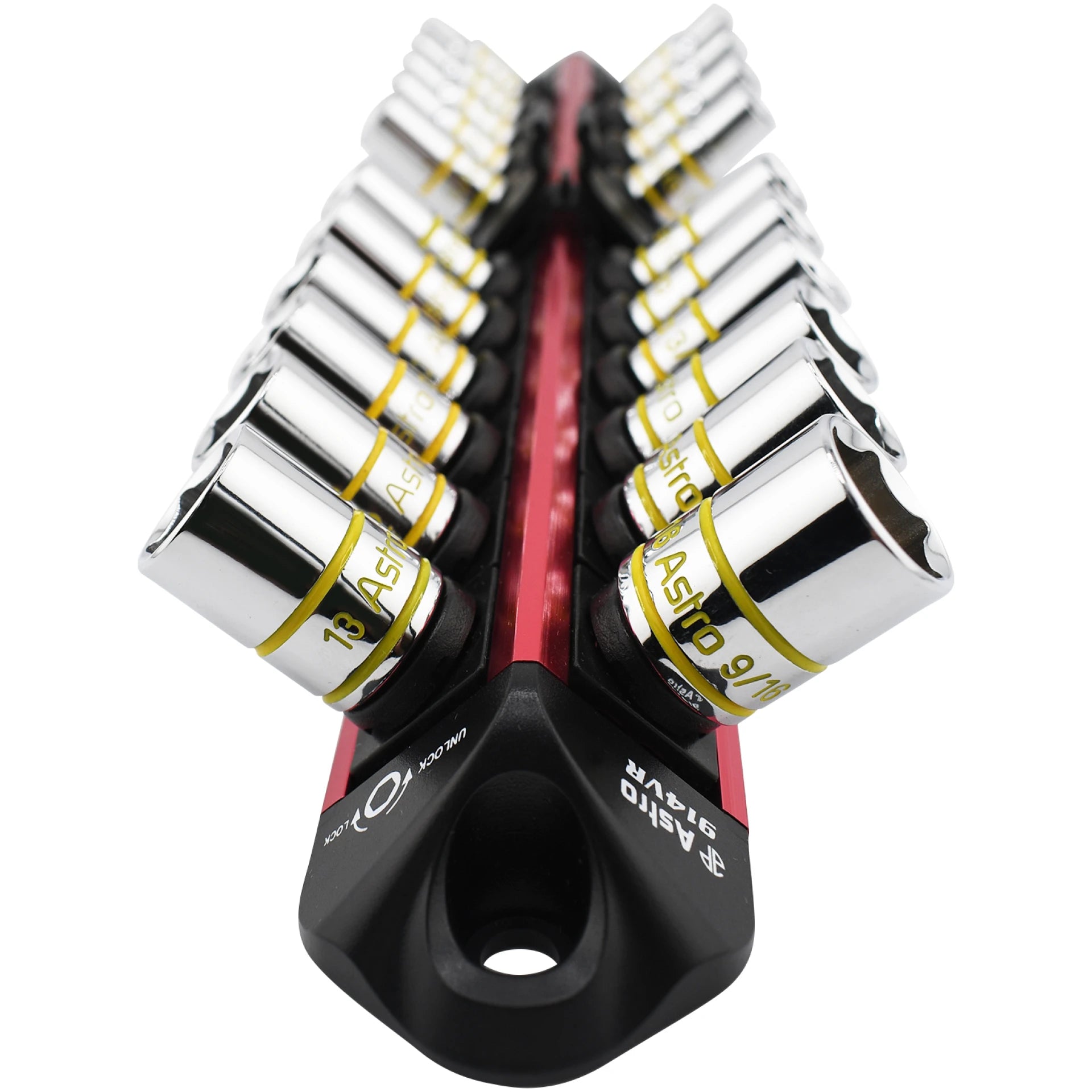 Astro Pneumatic AST-914VR V12 Socket Organizer with chrome sockets loaded, close-up end view showing twist-lock mechanism
