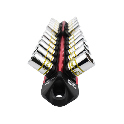 Astro Pneumatic AST-914VR V12 Socket Organizer loaded with chrome sockets, end-on view showing 45-degree angle storage