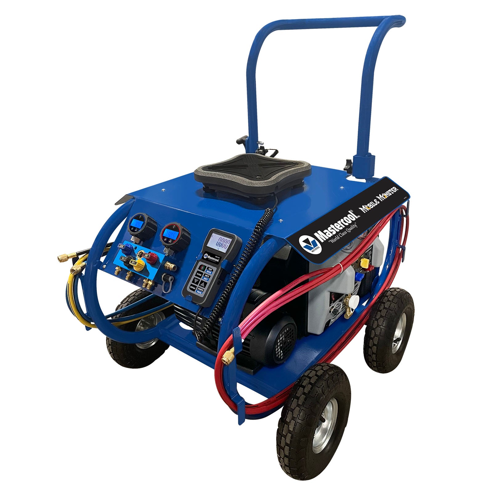 Mastercool Mobile Monster 91787 Complete Heavy-Duty HVAC Charging and Recovery Station with 4-way digital manifold, electronic charging scale, 6 CFM vacuum pump, Twin Turbo recovery machine, nylon barrier hoses, and 4 off-road pneumatic tires