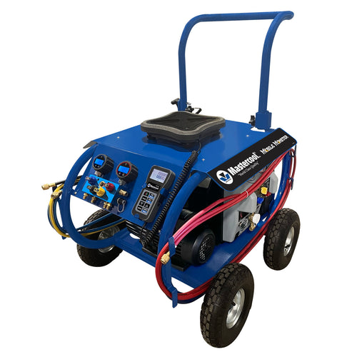Mastercool Mobile Monster 91787 Complete Heavy-Duty HVAC Charging and Recovery Station with 4-way digital manifold, electronic charging scale, 6 CFM vacuum pump, Twin Turbo recovery machine, nylon barrier hoses, and 4 off-road pneumatic tires