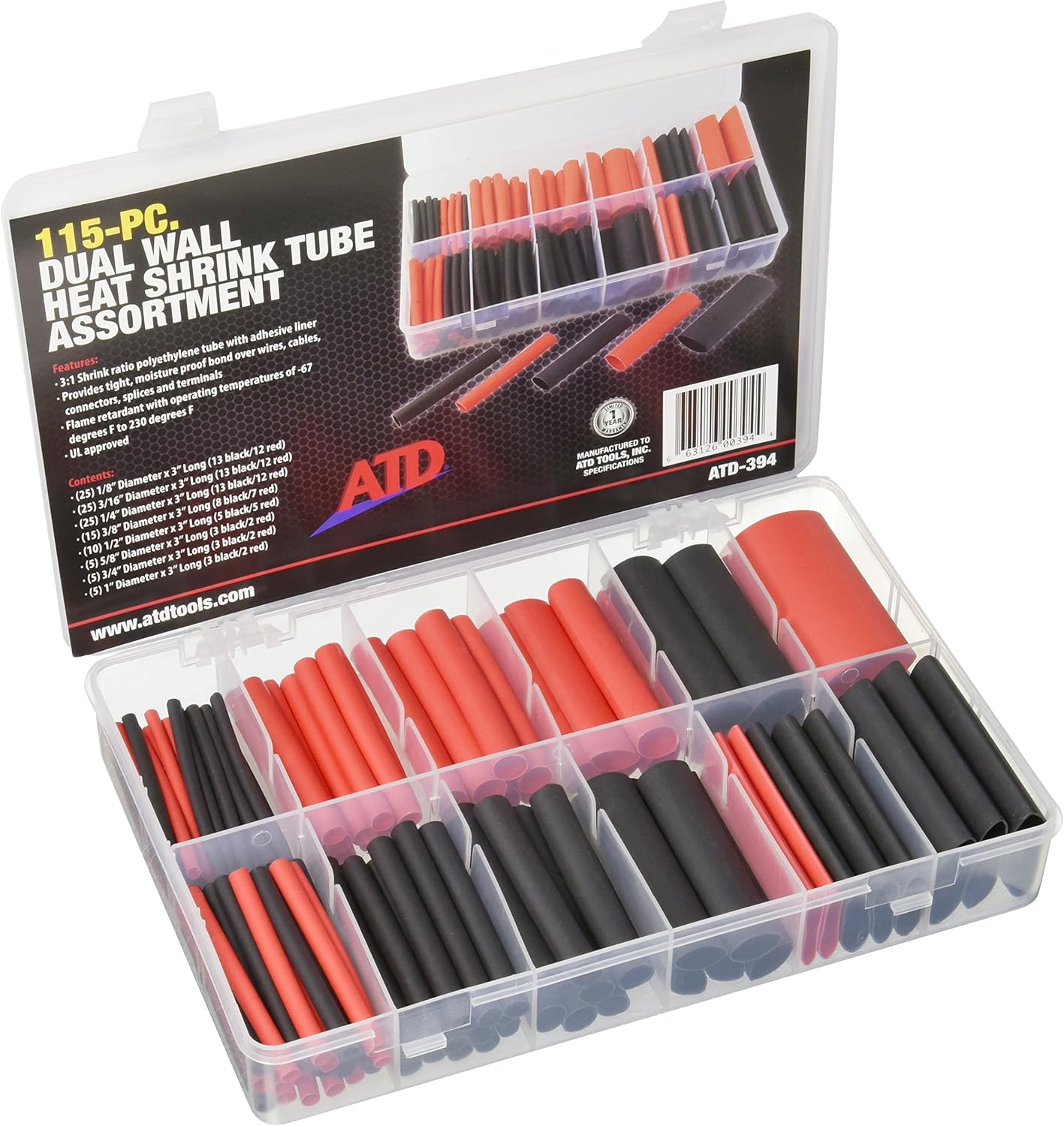 ATD Tools ATD-394 115 Pc. Dual Wall Heat Shrink Tube Assortment, 1 Pack