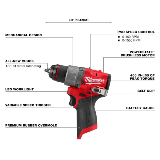 Milwaukee Tool M12 FUEL Drill Driver feature callout diagram - chuck, motor, torque, LED worklight