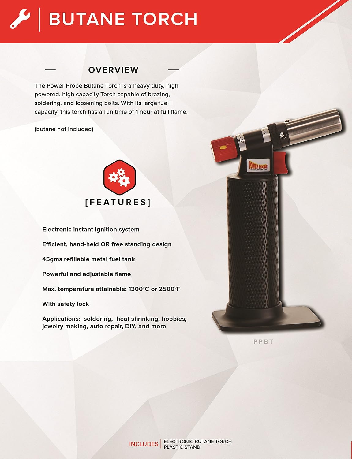 Power Probe PPBT Butane Torch features and overview infographic