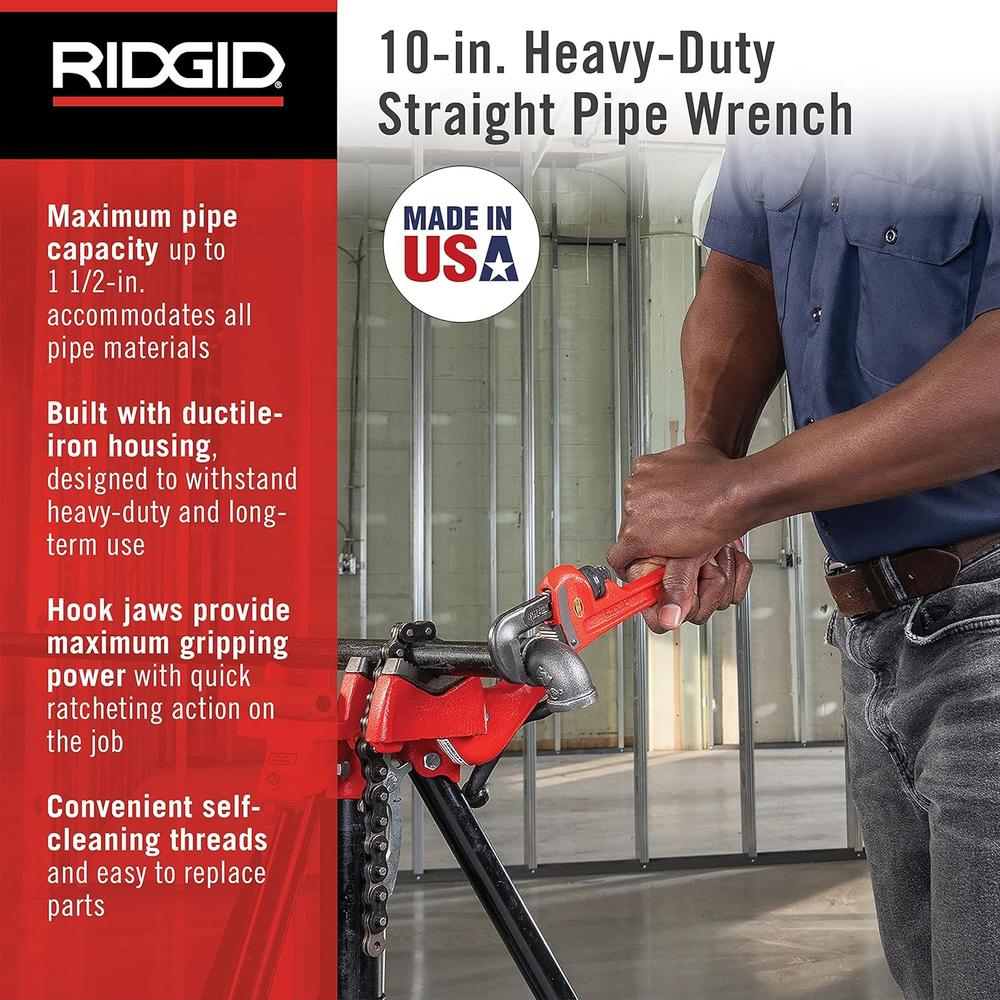 RIDGID 31010 Model 10 Heavy-Duty Straight Pipe Wrench, 10-inch Plumbing Wrench
