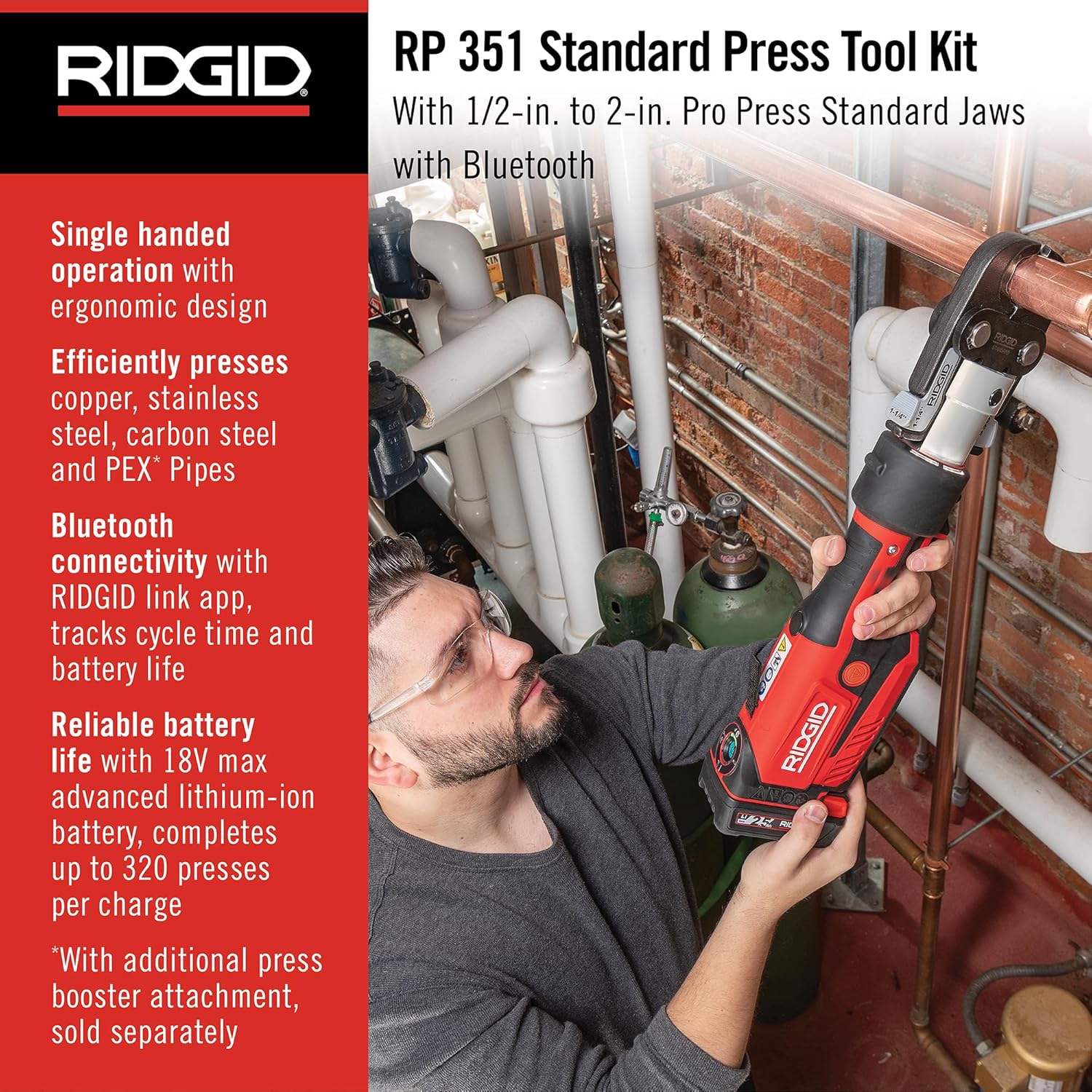 Ridgid 67178 RP 351 Outil de presse à poignée avec batterie 18 V 2,5 Ah, mâchoires Propress 1/2" - 2"